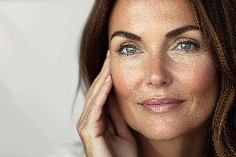 Nahaufnahme einer Frau mit reifer Haut, Hand an der Wange (Anti-Aging).